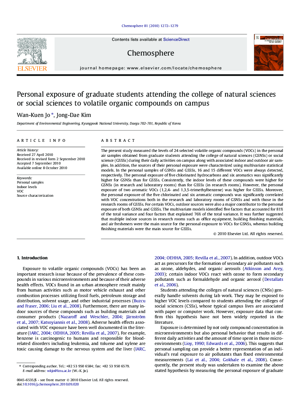 Personal exposure of graduate students attending the college of natural sciences or social sciences to volatile organic compounds on campus