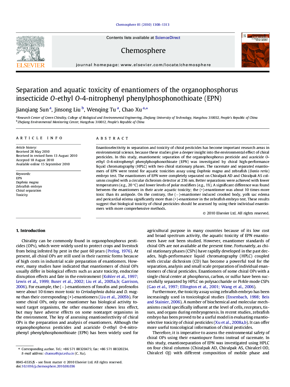 Separation and aquatic toxicity of enantiomers of the organophosphorus insecticide O-ethyl O-4-nitrophenyl phenylphosphonothioate (EPN)