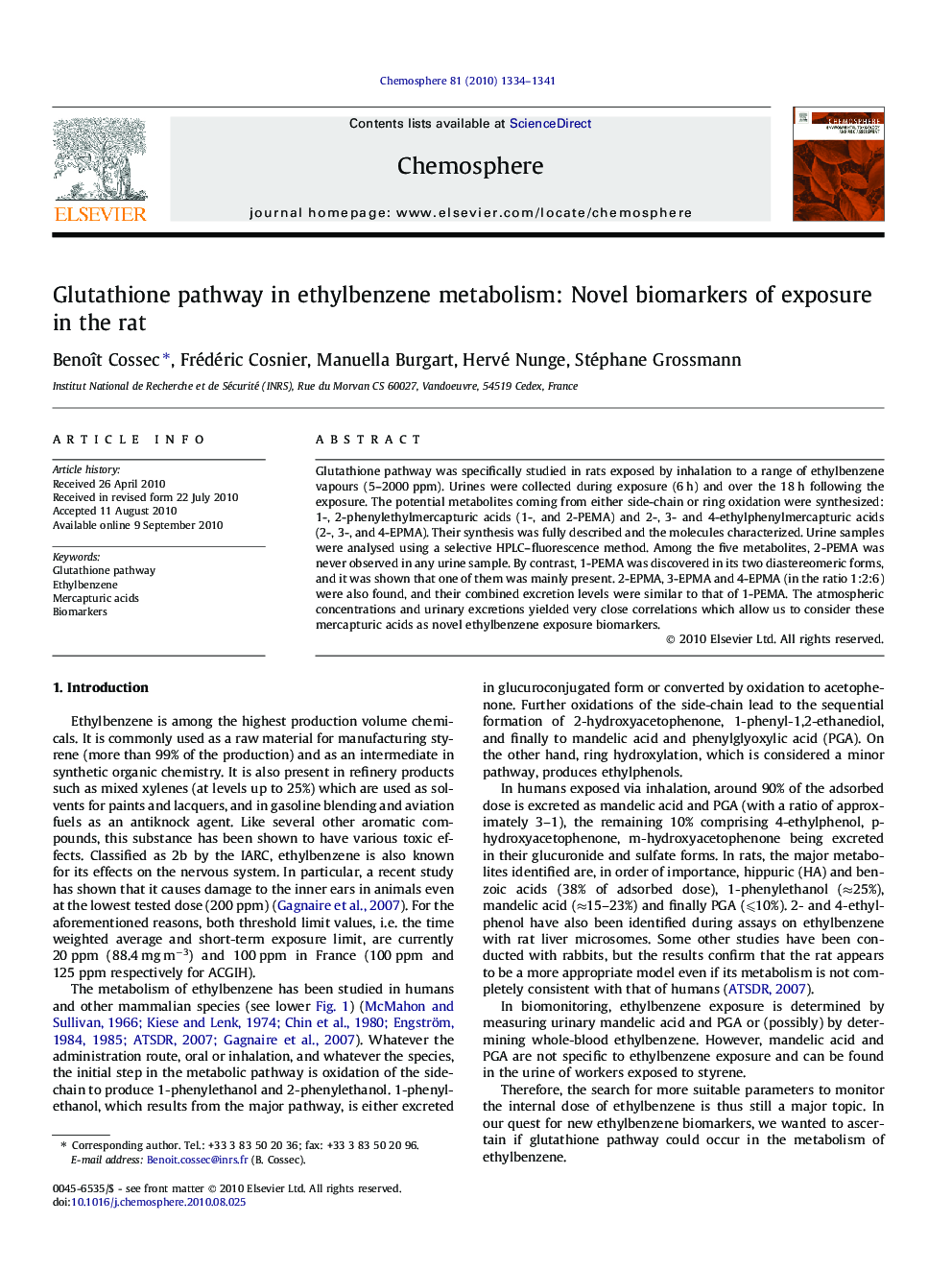 Glutathione pathway in ethylbenzene metabolism: Novel biomarkers of exposure in the rat