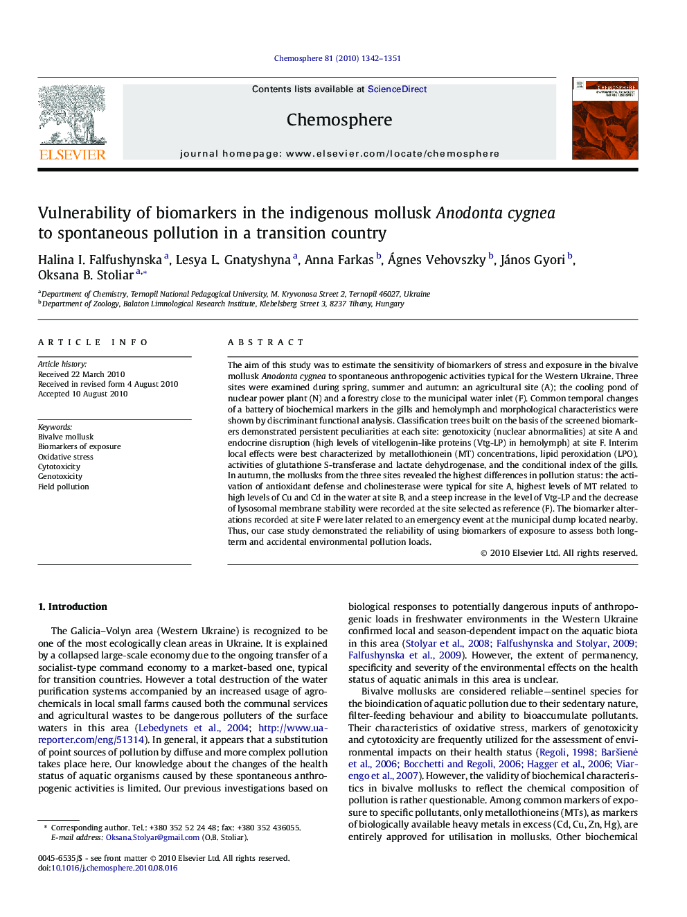 Vulnerability of biomarkers in the indigenous mollusk Anodonta cygnea to spontaneous pollution in a transition country