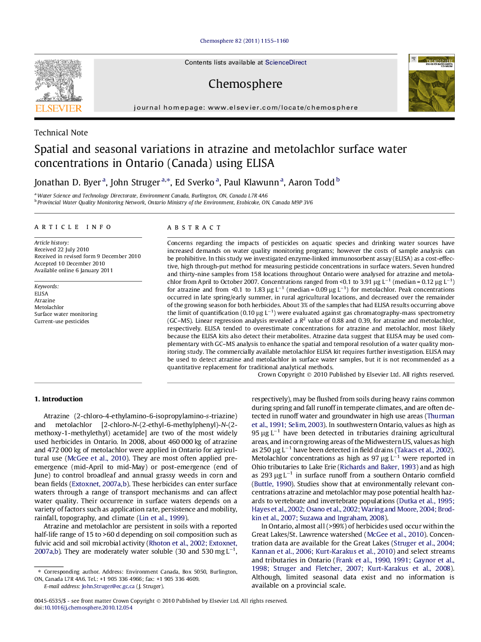 Spatial and seasonal variations in atrazine and metolachlor surface water concentrations in Ontario (Canada) using ELISA