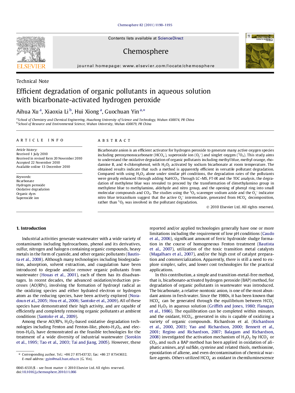 Efficient degradation of organic pollutants in aqueous solution with bicarbonate-activated hydrogen peroxide