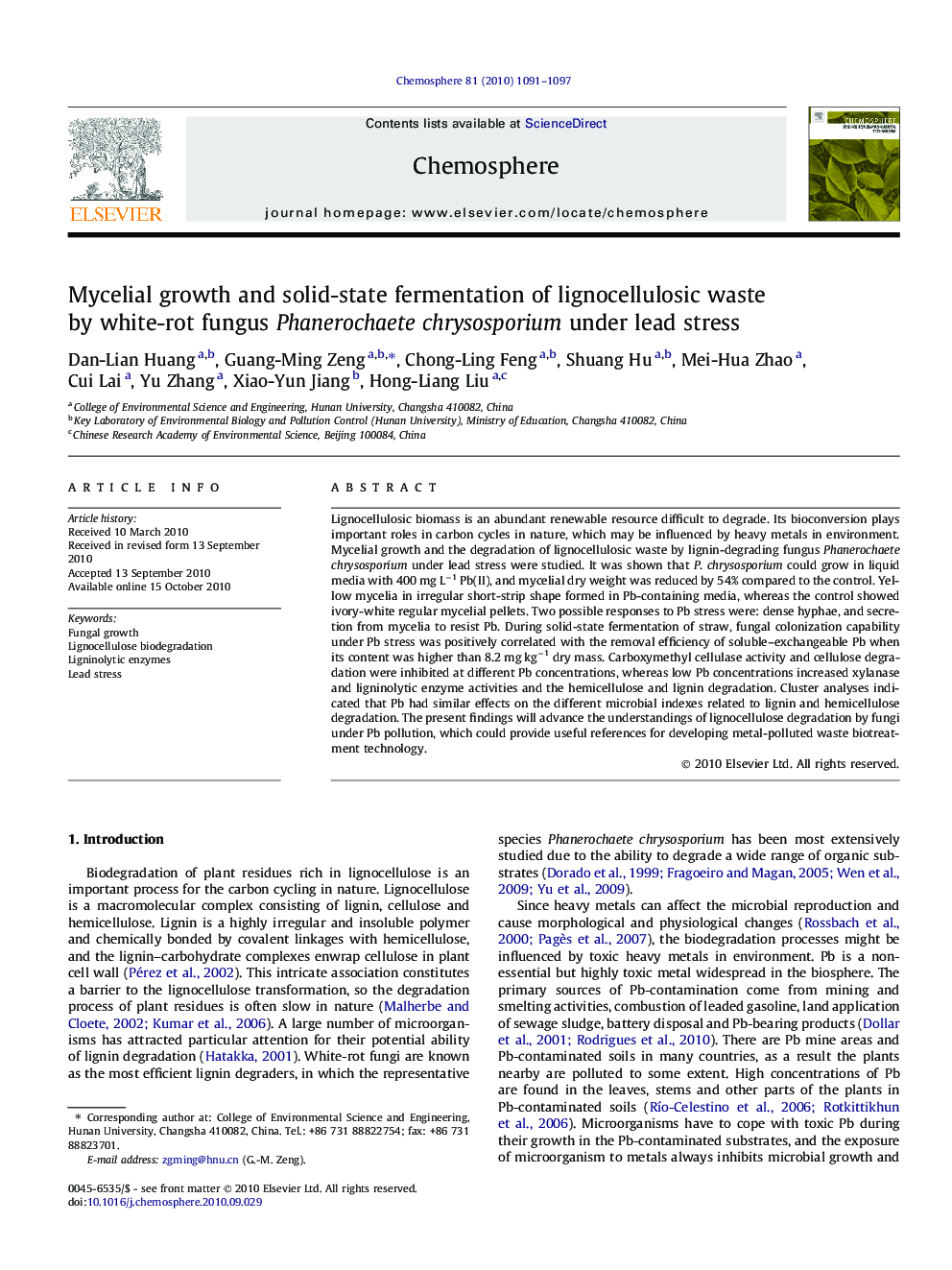 Mycelial growth and solid-state fermentation of lignocellulosic waste by white-rot fungus Phanerochaete chrysosporium under lead stress