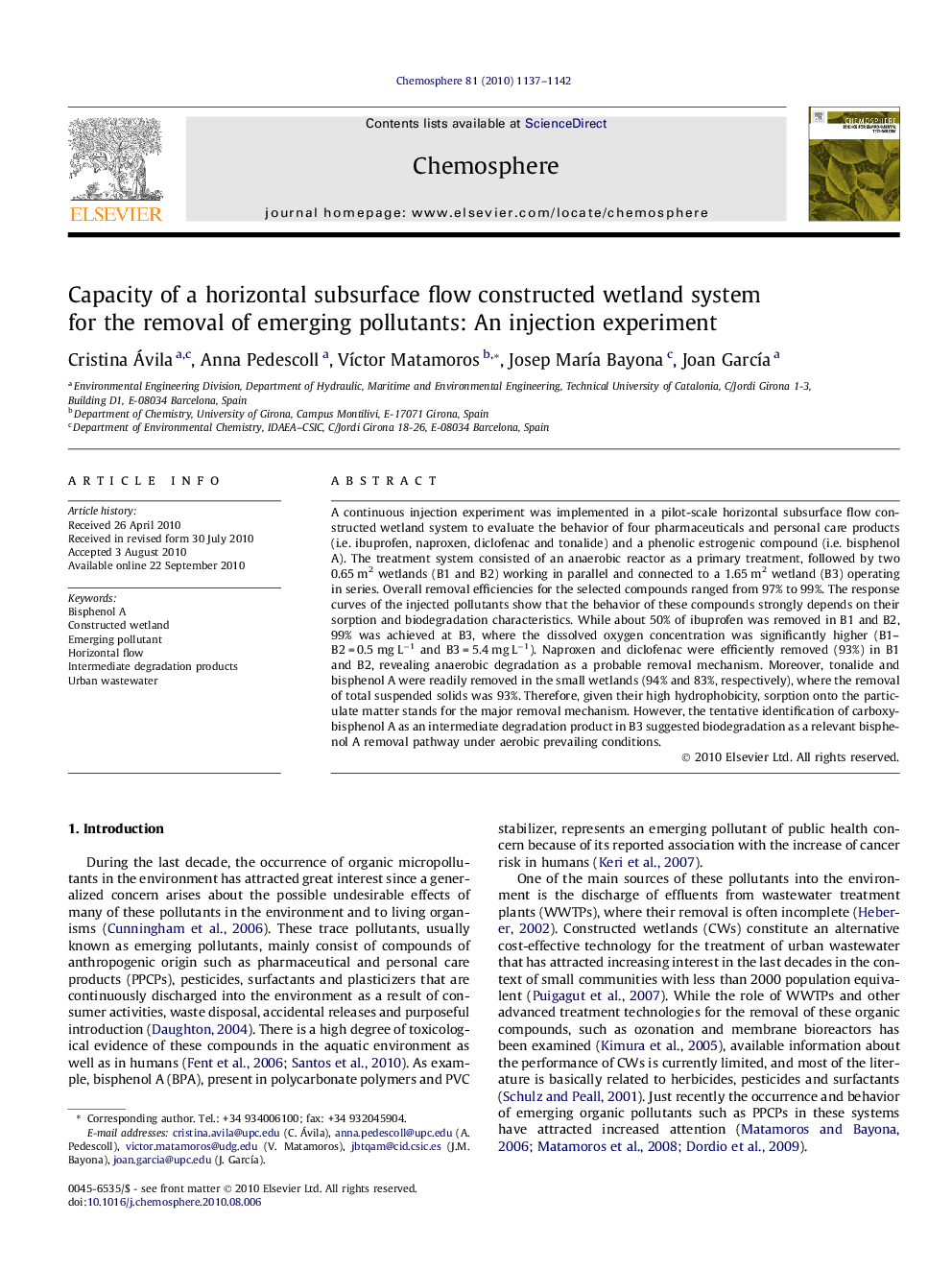 Capacity of a horizontal subsurface flow constructed wetland system for the removal of emerging pollutants: An injection experiment