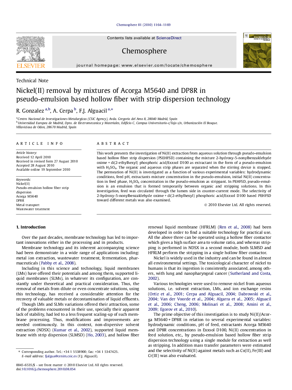 Nickel(II) removal by mixtures of Acorga M5640 and DP8R in pseudo-emulsion based hollow fiber with strip dispersion technology