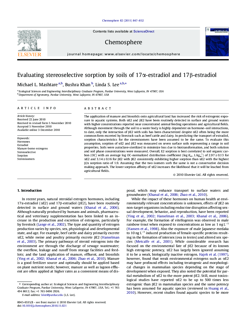 Evaluating stereoselective sorption by soils of 17Î±-estradiol and 17Î²-estradiol