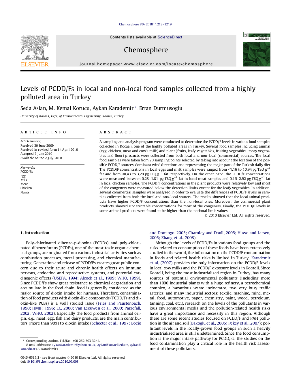 Levels of PCDD/Fs in local and non-local food samples collected from a highly polluted area in Turkey