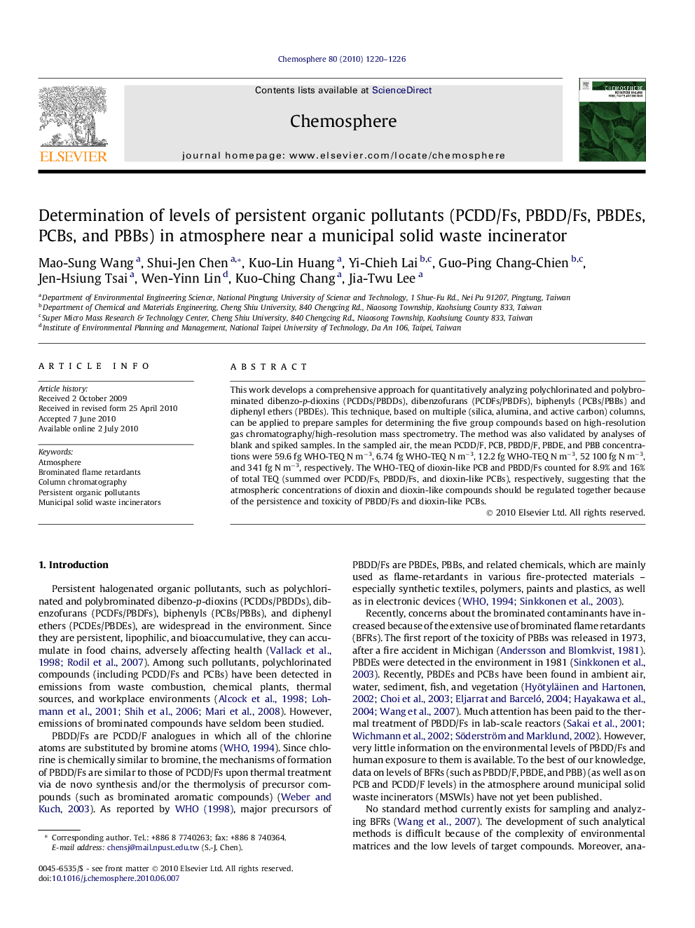 Determination of levels of persistent organic pollutants (PCDD/Fs, PBDD/Fs, PBDEs, PCBs, and PBBs) in atmosphere near a municipal solid waste incinerator