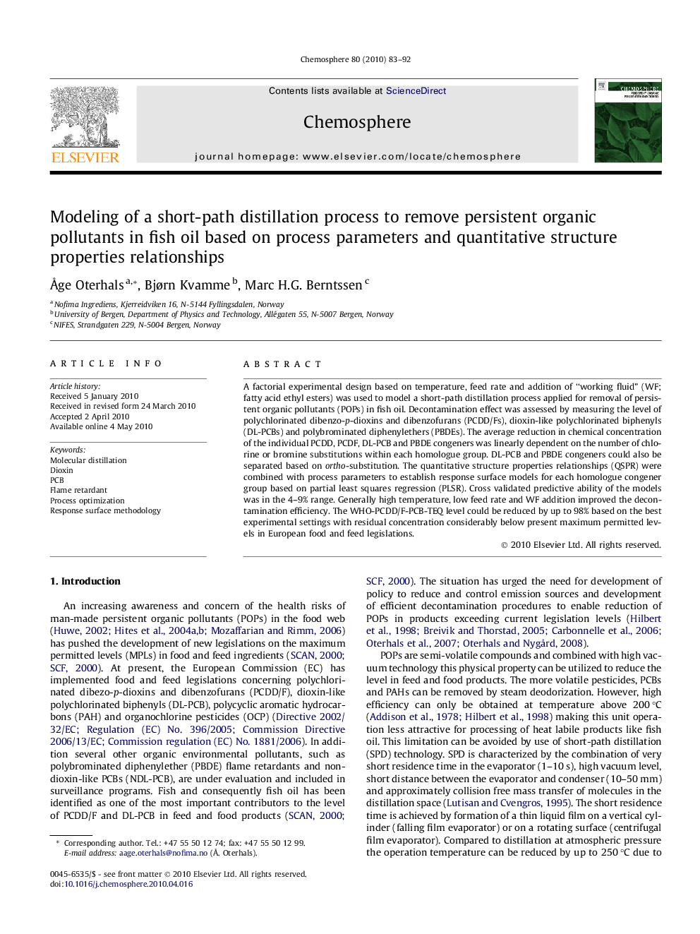 Modeling of a short-path distillation process to remove persistent organic pollutants in fish oil based on process parameters and quantitative structure properties relationships