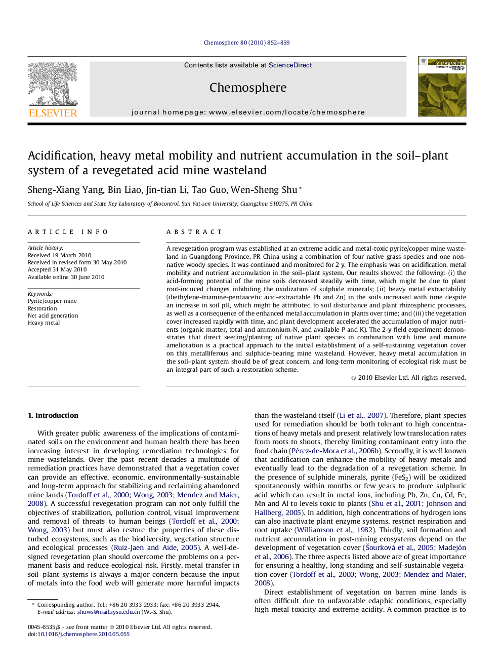 Acidification, heavy metal mobility and nutrient accumulation in the soil–plant system of a revegetated acid mine wasteland