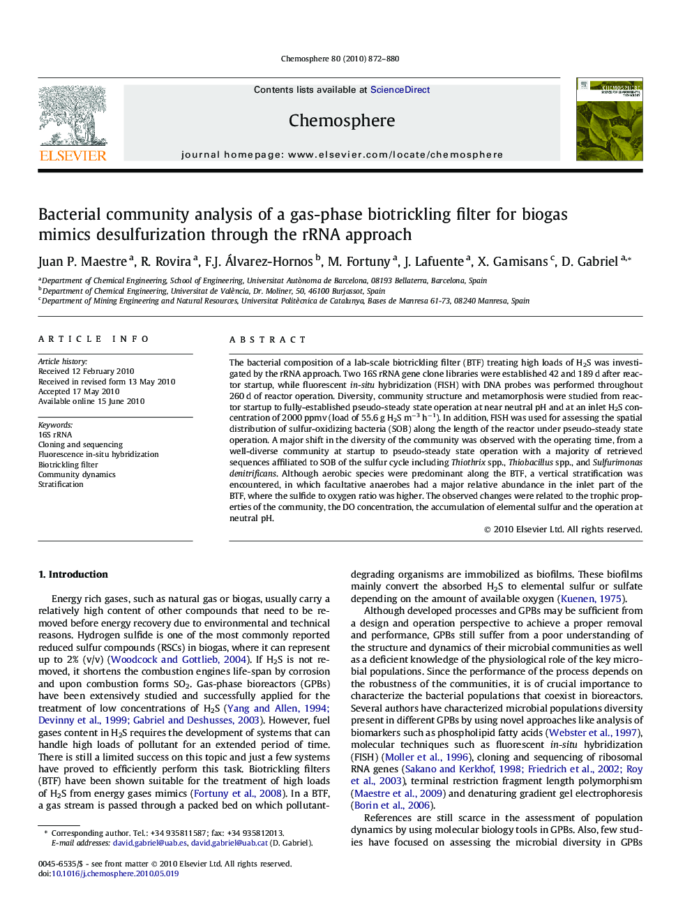 عکس صفحه اول مقاله: Bacterial community analysis of a gas-phase biotrickling filter for biogas mimics desulfurization through the rRNA approach Bacterial community analysis of a gas-phase biotrickling filter for biogas mimics desulfurization through the rRNA approach