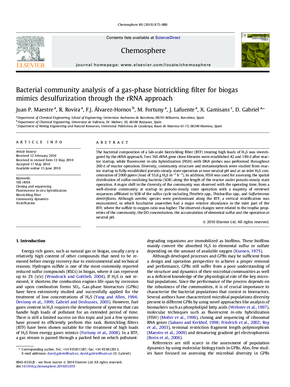 Bacterial community analysis of a gas-phase biotrickling filter for biogas mimics desulfurization through the rRNA approach