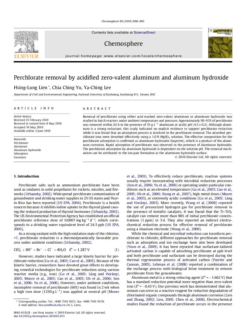 Perchlorate removal by acidified zero-valent aluminum and aluminum hydroxide