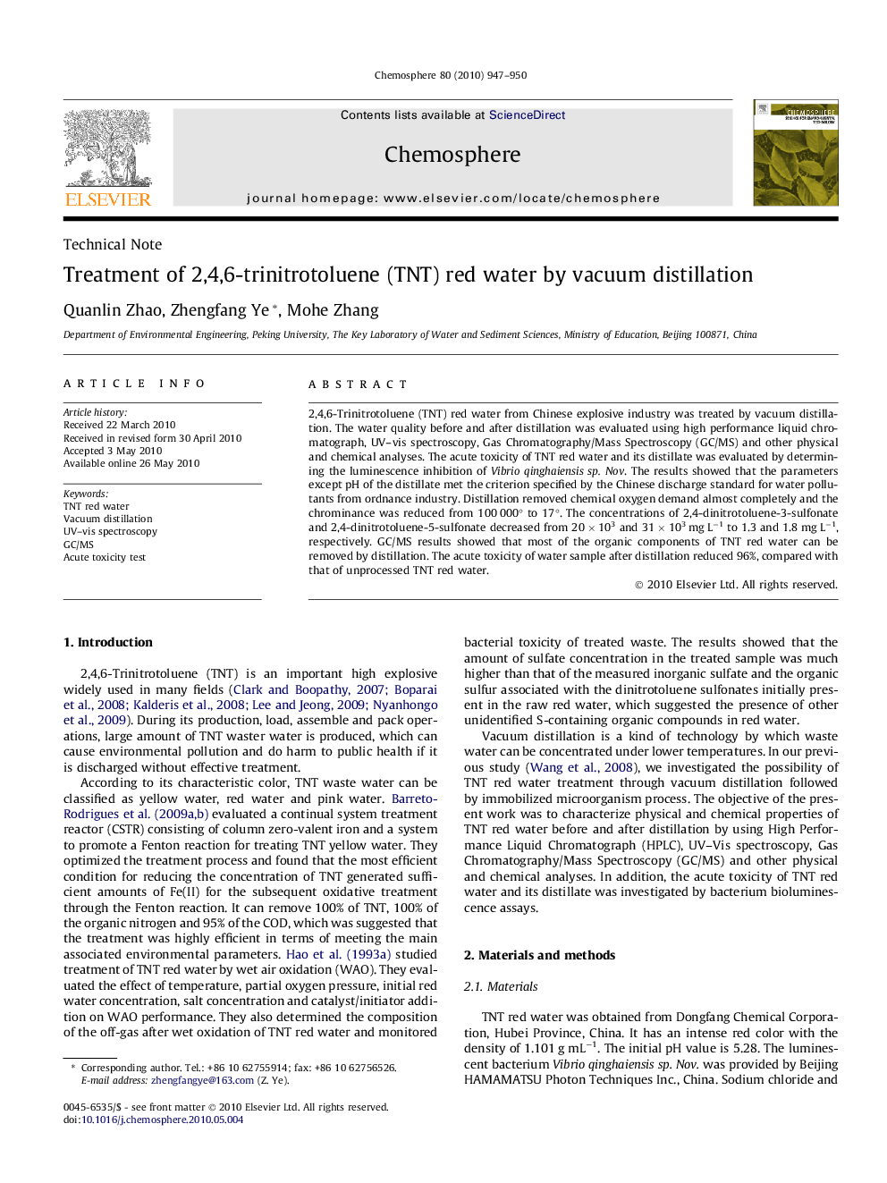 Treatment of 2,4,6-trinitrotoluene (TNT) red water by vacuum distillation