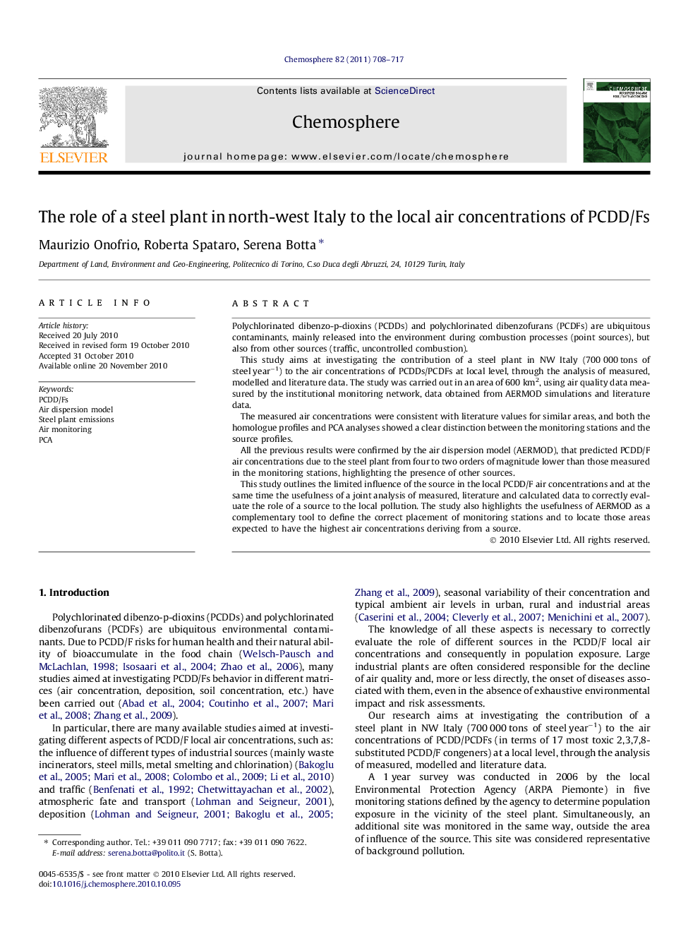 The role of a steel plant in north-west Italy to the local air concentrations of PCDD/Fs