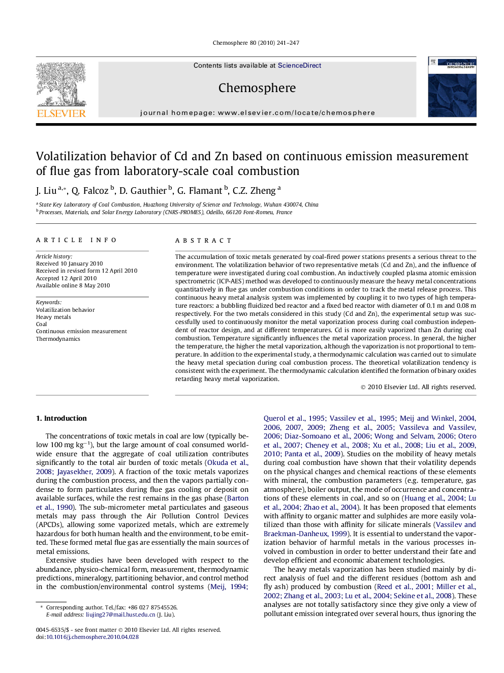 Volatilization behavior of Cd and Zn based on continuous emission measurement of flue gas from laboratory-scale coal combustion