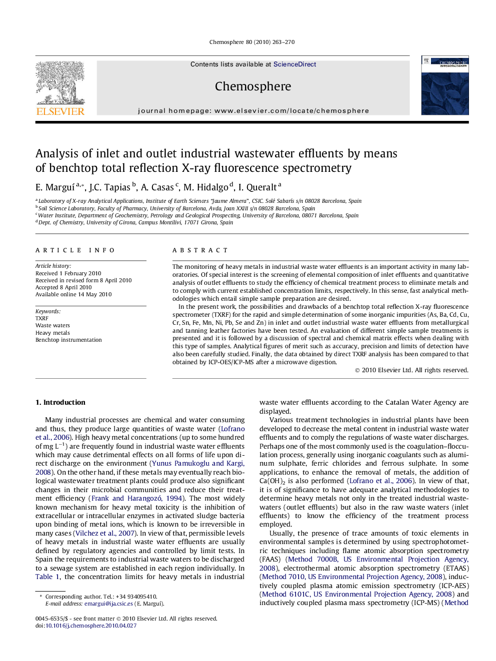 Analysis of inlet and outlet industrial wastewater effluents by means of benchtop total reflection X-ray fluorescence spectrometry