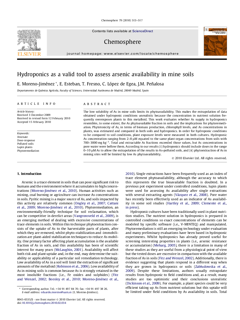 Hydroponics as a valid tool to assess arsenic availability in mine soils