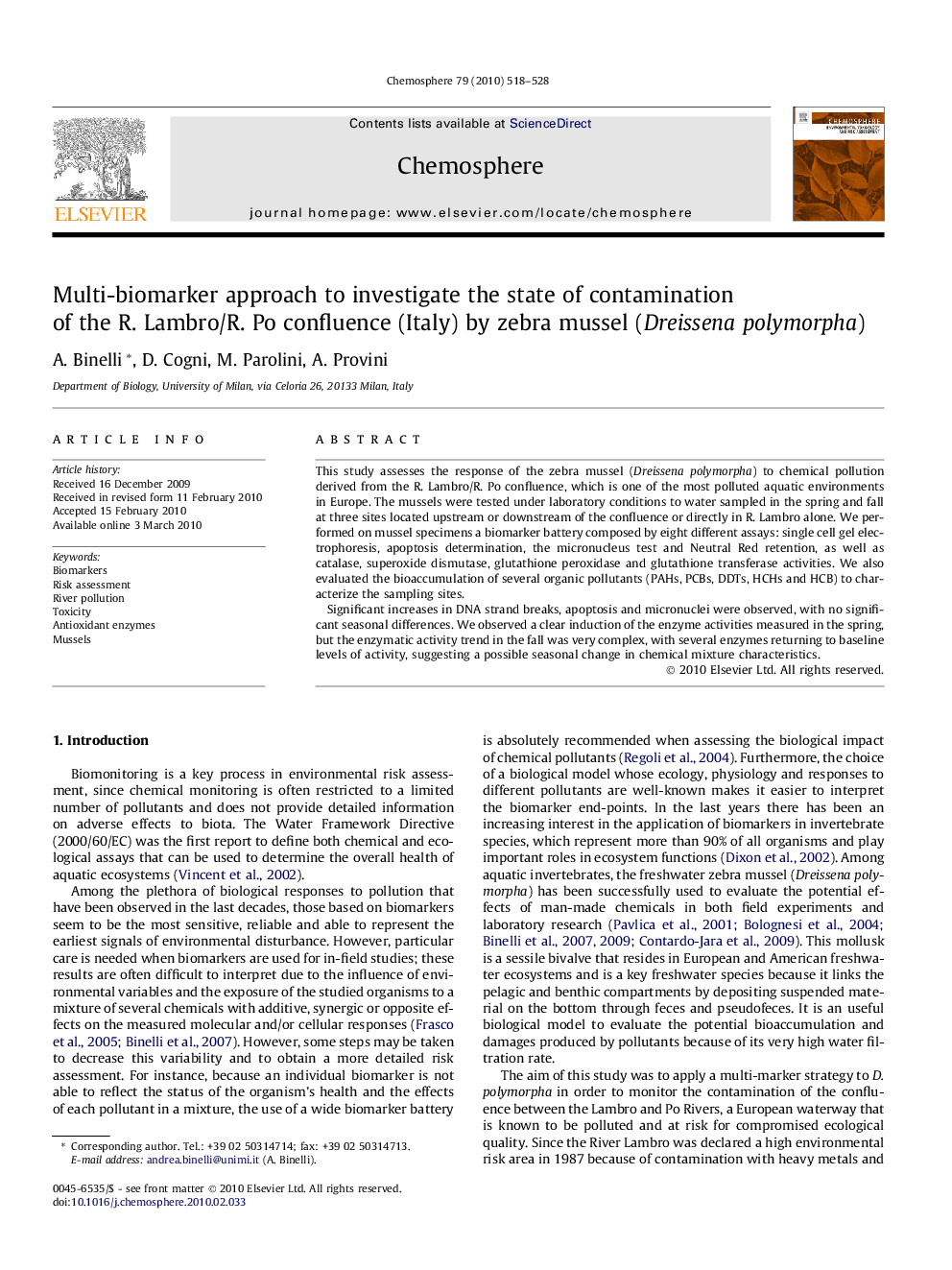 Multi-biomarker approach to investigate the state of contamination of the R. Lambro/R. Po confluence (Italy) by zebra mussel (Dreissena polymorpha)