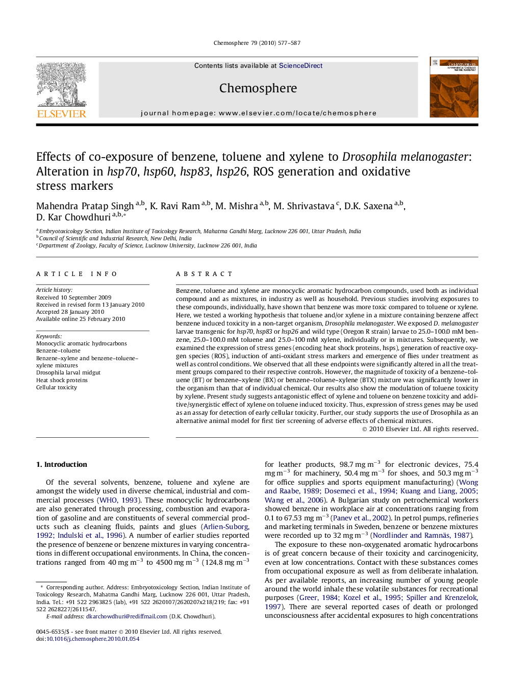 Effects of co-exposure of benzene, toluene and xylene to Drosophila melanogaster: Alteration in hsp70, hsp60, hsp83, hsp26, ROS generation and oxidative stress markers