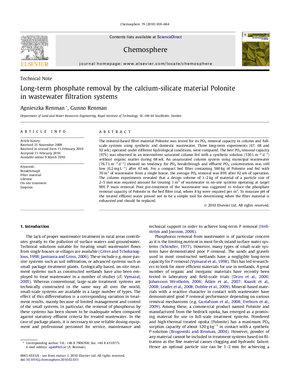 Long-term phosphate removal by the calcium-silicate material Polonite in wastewater filtration systems