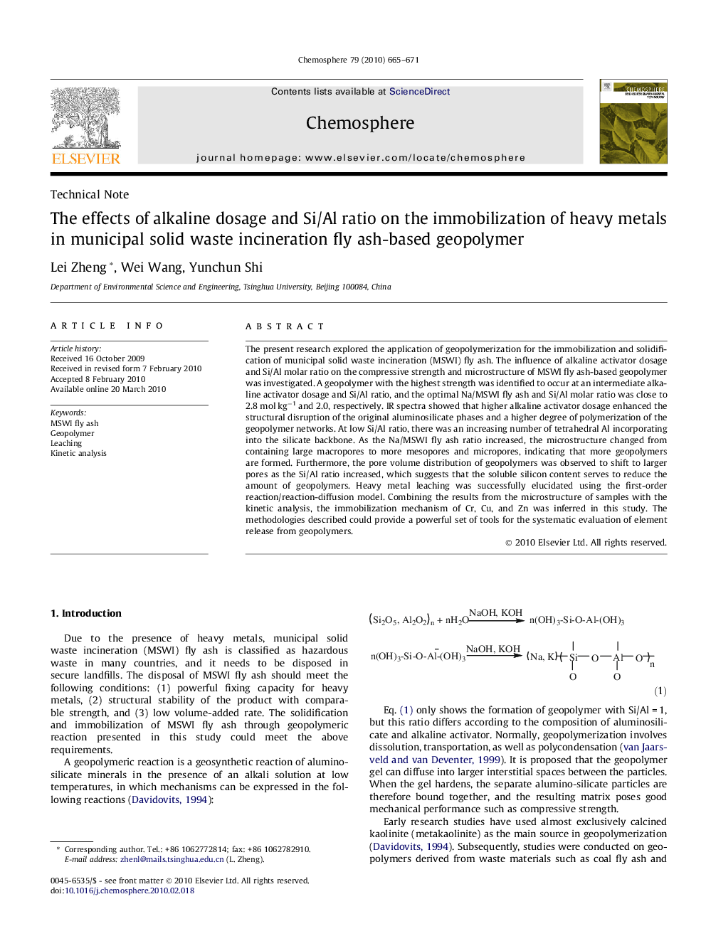 The effects of alkaline dosage and Si/Al ratio on the immobilization of heavy metals in municipal solid waste incineration fly ash-based geopolymer