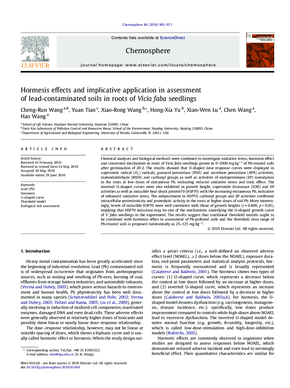 Hormesis effects and implicative application in assessment of lead-contaminated soils in roots of Viciafaba seedlings