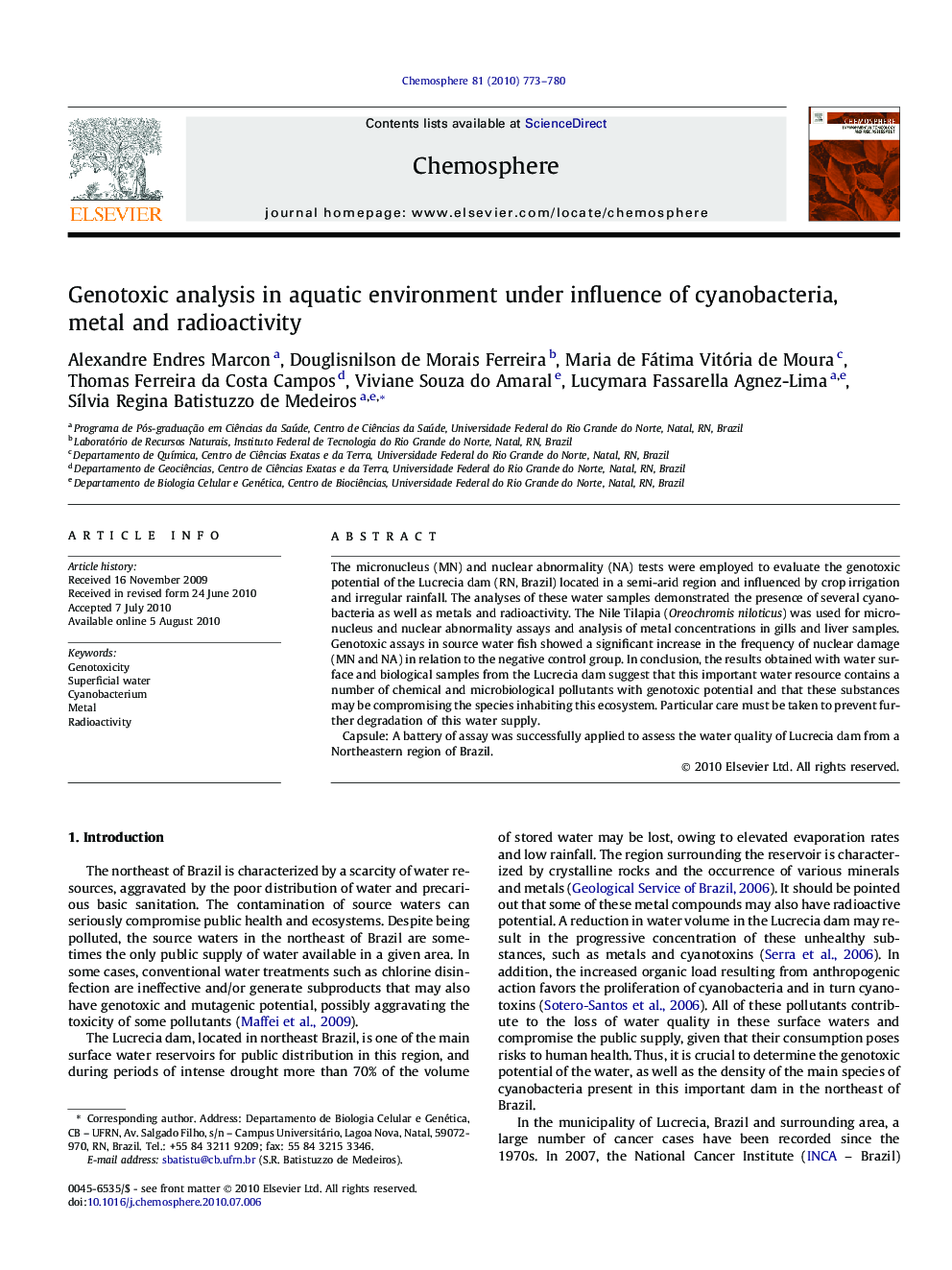 Genotoxic analysis in aquatic environment under influence of cyanobacteria, metal and radioactivity