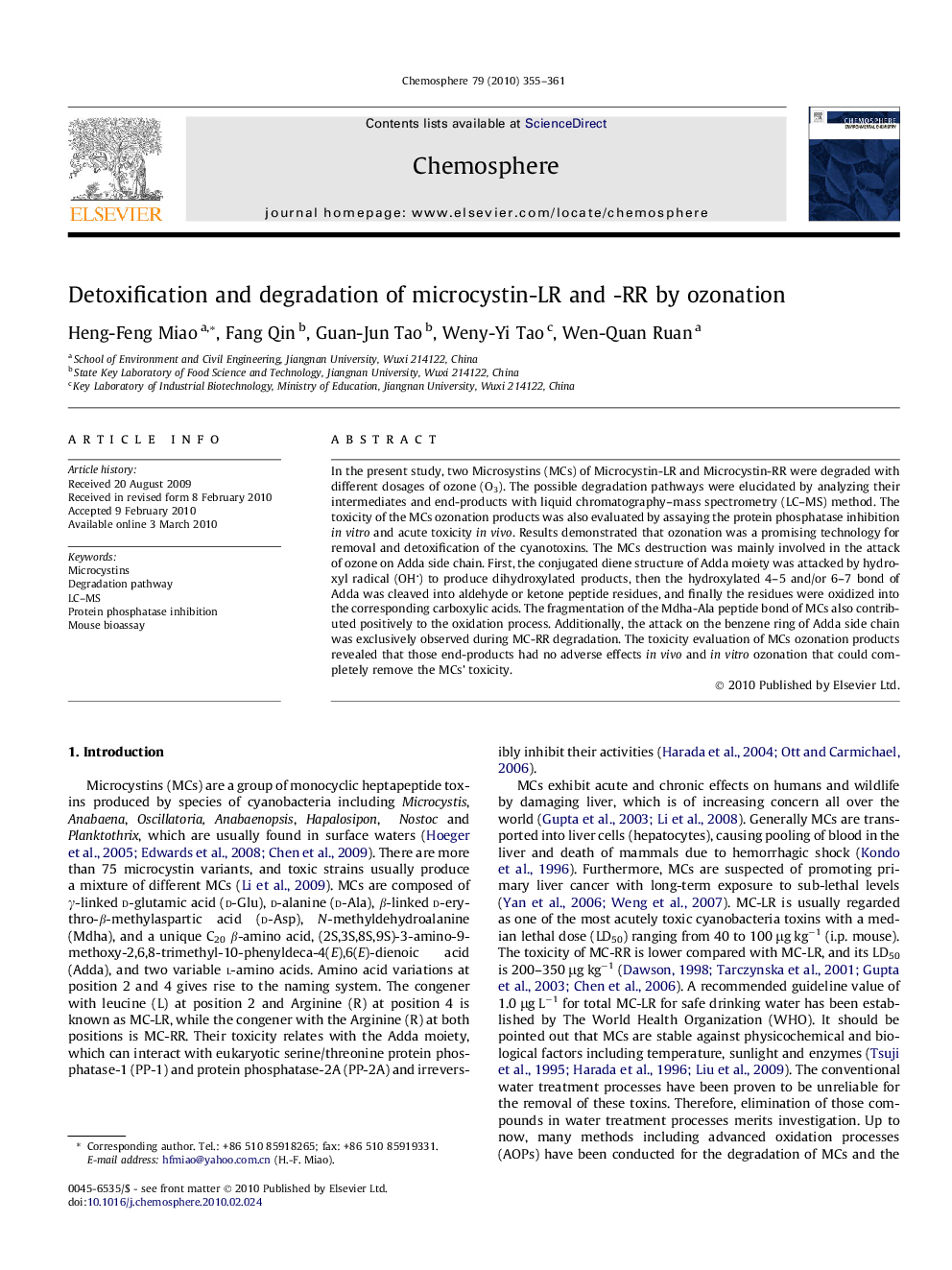 Detoxification and degradation of microcystin-LR and -RR by ozonation