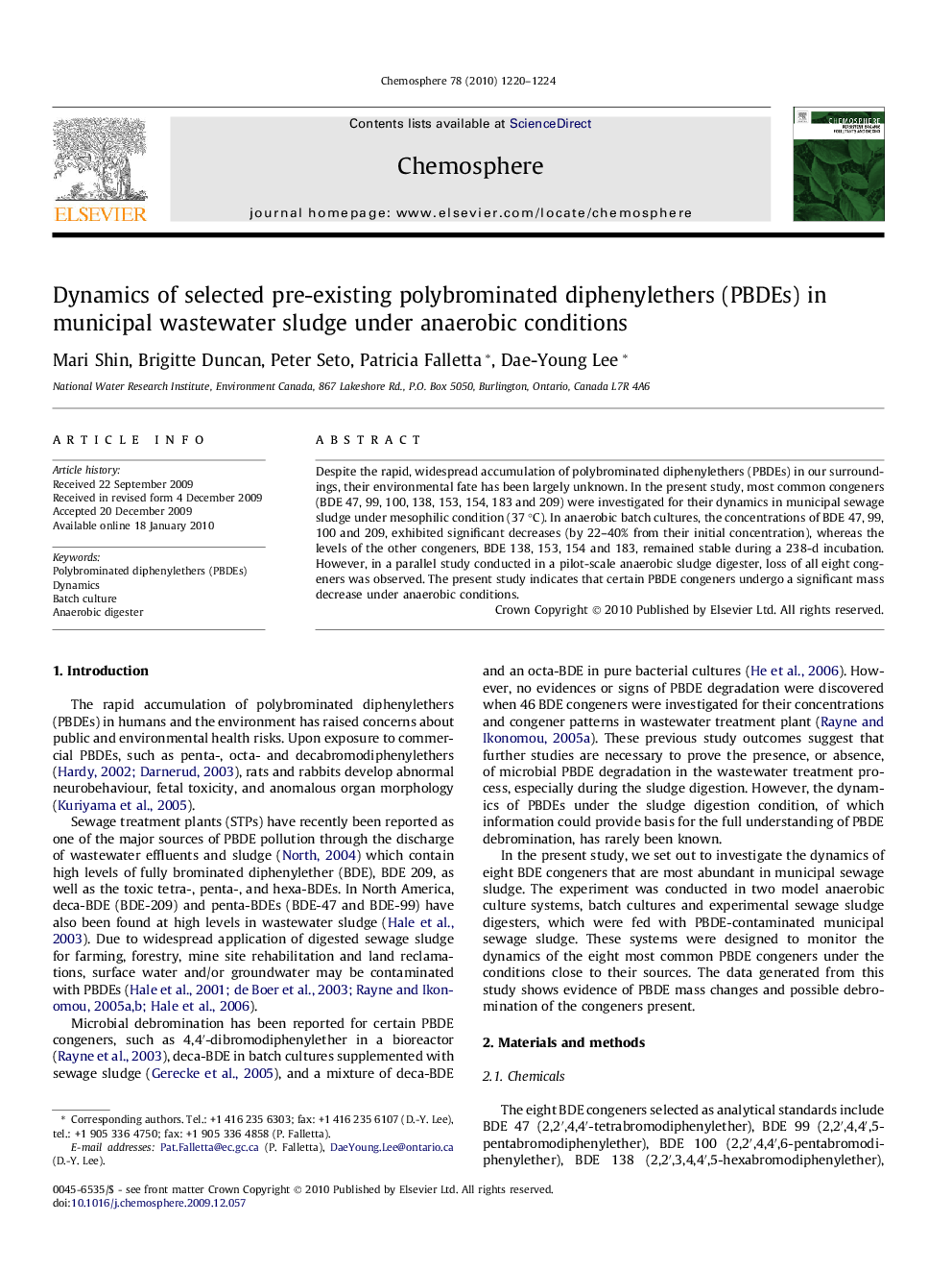 Dynamics of selected pre-existing polybrominated diphenylethers (PBDEs) in municipal wastewater sludge under anaerobic conditions