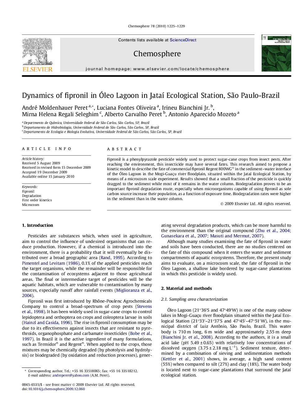 Dynamics of fipronil in Óleo Lagoon in Jataí Ecological Station, São Paulo-Brazil