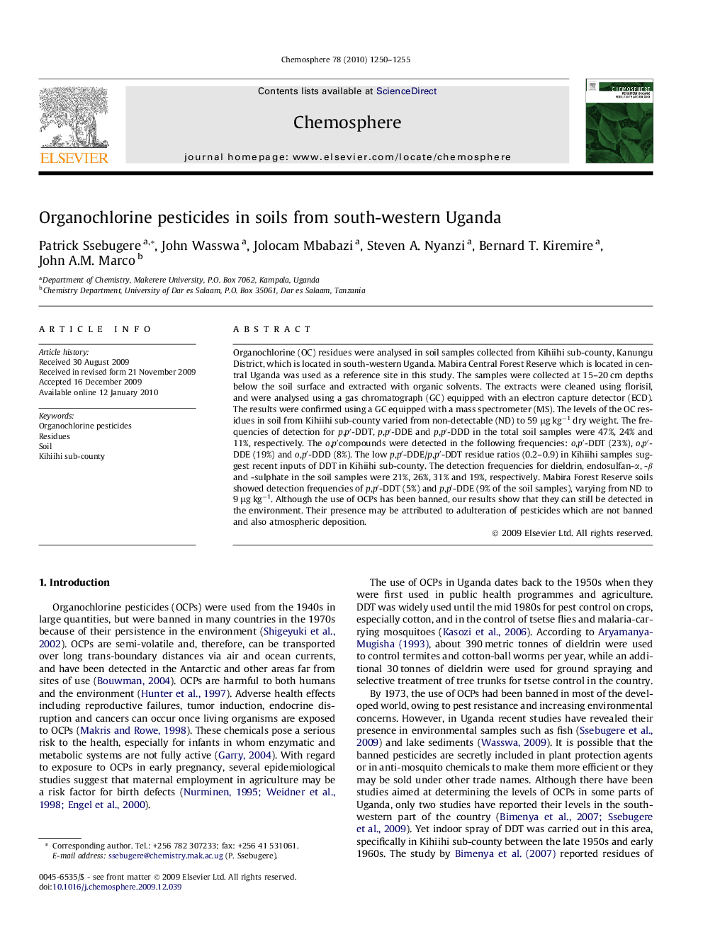 Organochlorine pesticides in soils from south-western Uganda