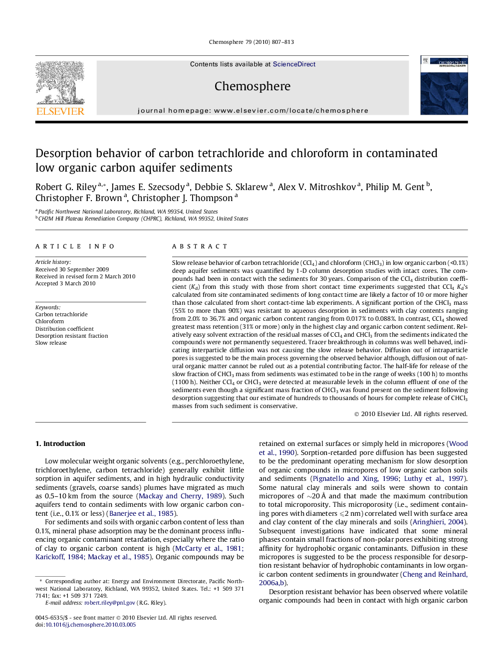 Desorption behavior of carbon tetrachloride and chloroform in contaminated low organic carbon aquifer sediments