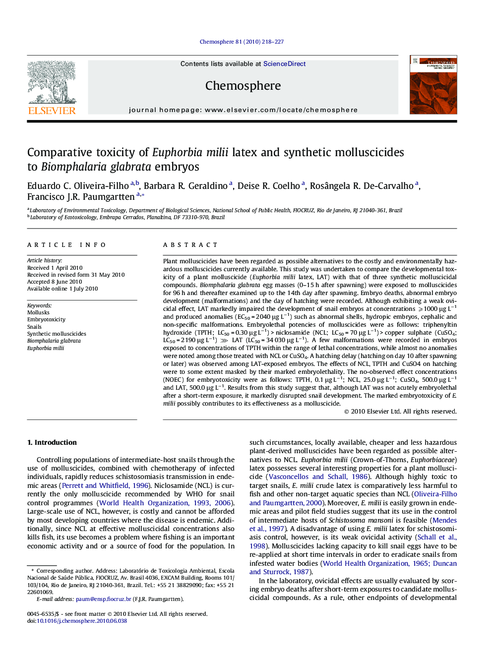 Comparative toxicity of Euphorbia milii latex and synthetic molluscicides to Biomphalaria glabrata embryos