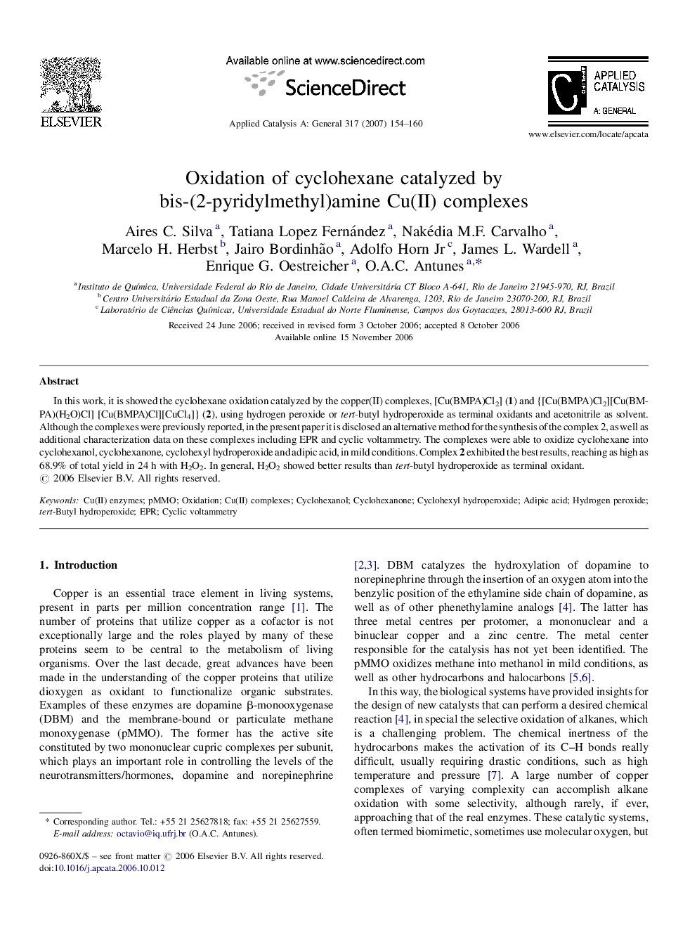 Oxidation of cyclohexane catalyzed by bis-(2-pyridylmethyl)amine Cu(II) complexes