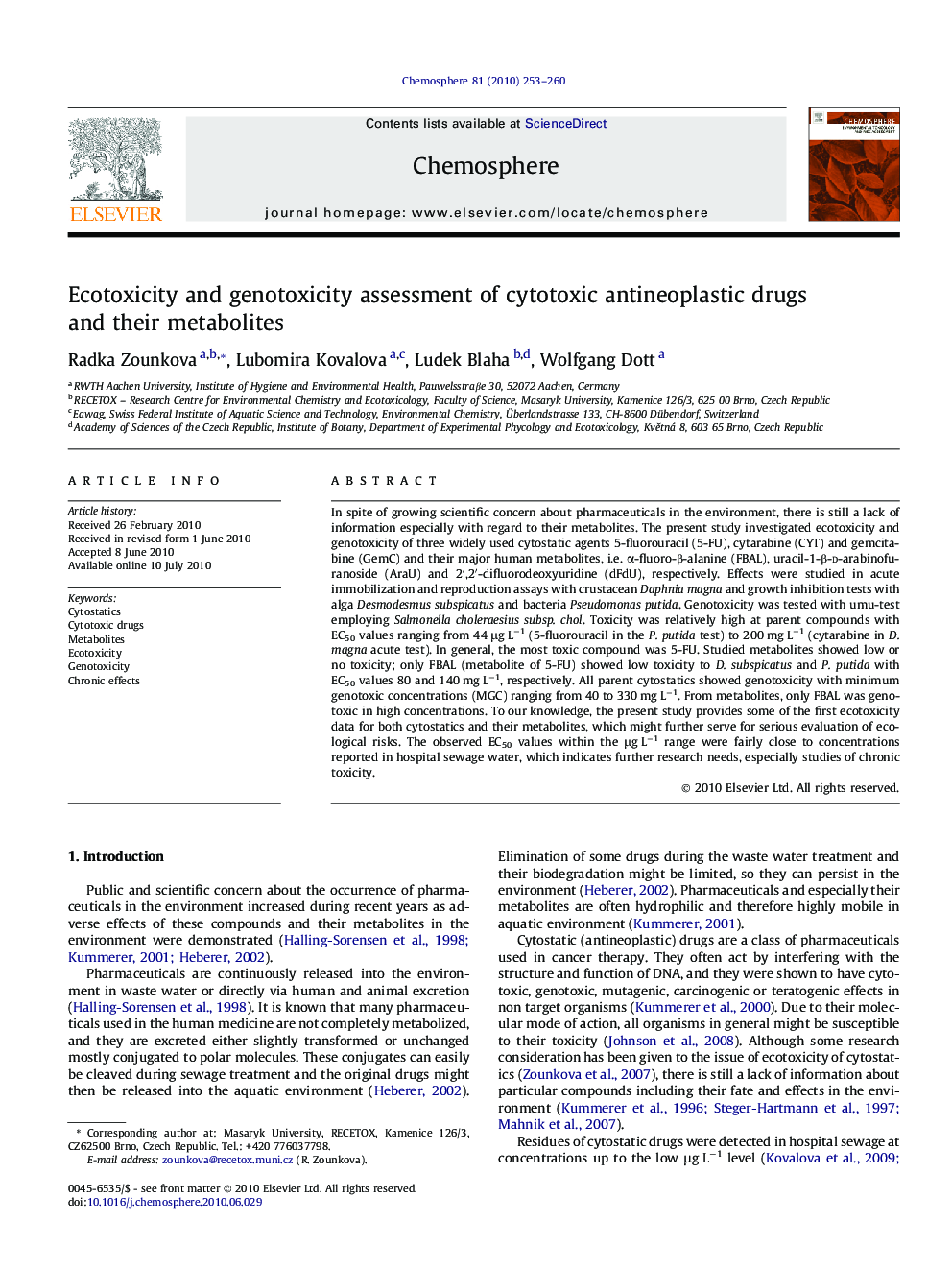 Ecotoxicity and genotoxicity assessment of cytotoxic antineoplastic drugs and their metabolites