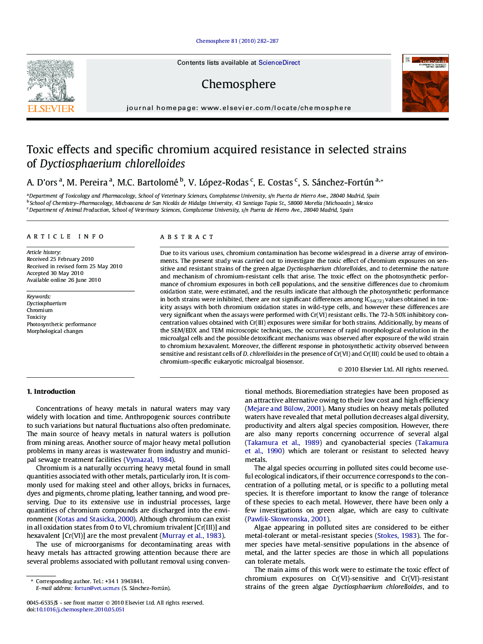 Toxic effects and specific chromium acquired resistance in selected strains of Dyctiosphaerium chlorelloides