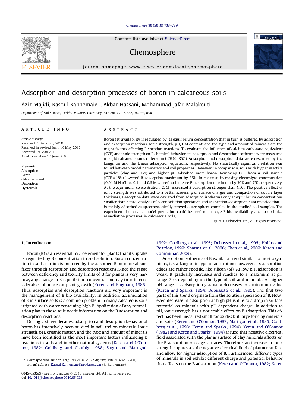 Adsorption and desorption processes of boron in calcareous soils