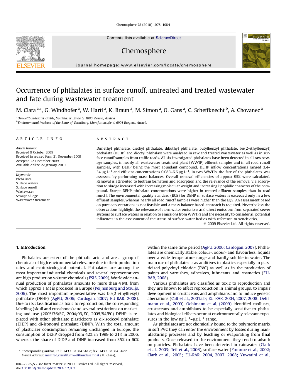 Occurrence of phthalates in surface runoff, untreated and treated wastewater and fate during wastewater treatment