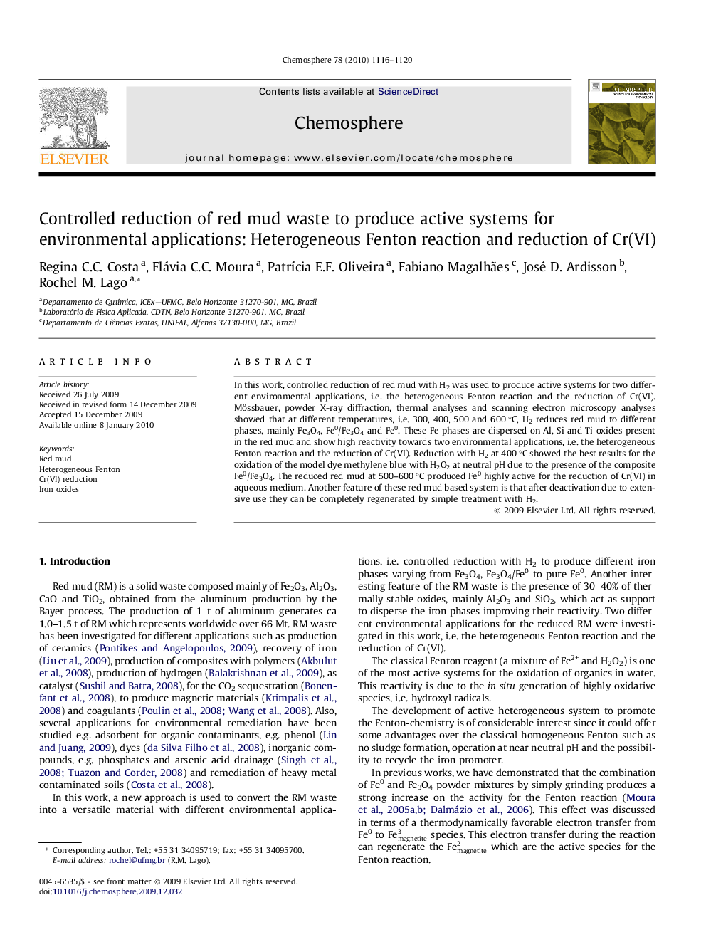 Controlled reduction of red mud waste to produce active systems for environmental applications: Heterogeneous Fenton reaction and reduction of Cr(VI)