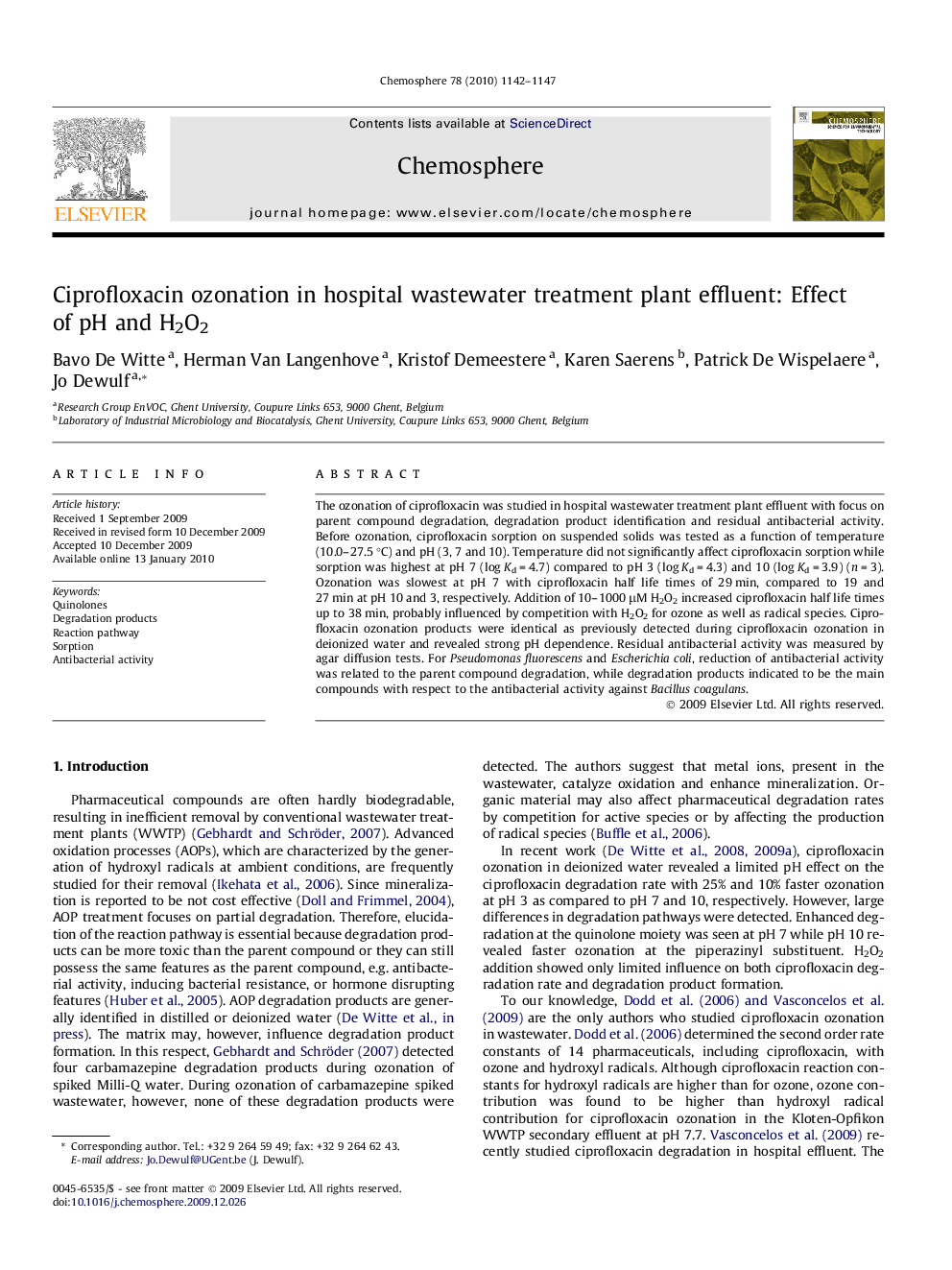 عکس صفحه اول مقاله: Ciprofloxacin ozonation in hospital wastewater treatment plant effluent: Effect of pH and H2O2 Ciprofloxacin ozonation in hospital wastewater treatment plant effluent: Effect of pH and H2O2
