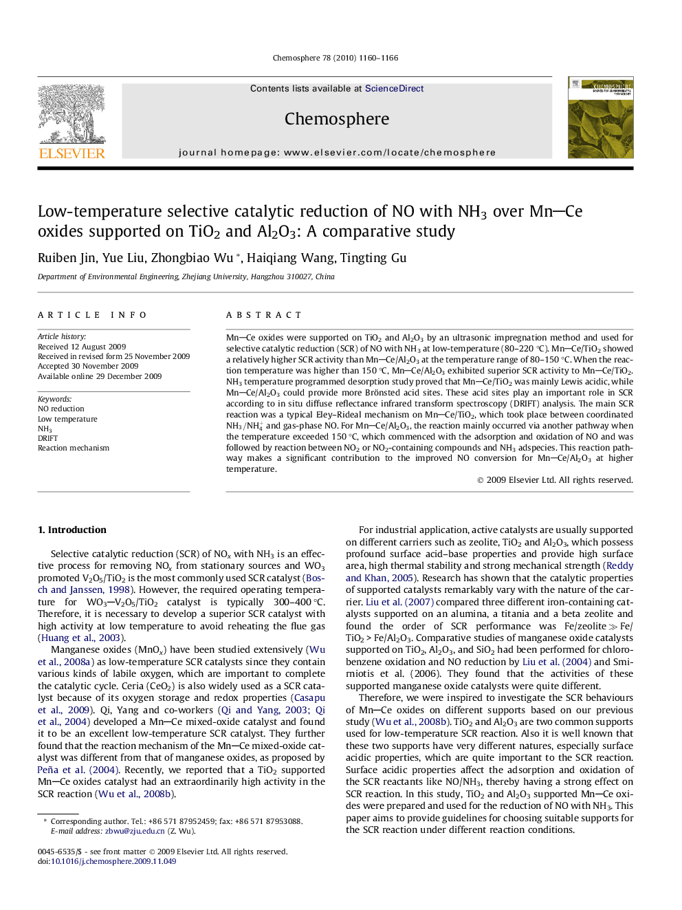 Low-temperature selective catalytic reduction of NO with NH3 over MnCe oxides supported on TiO2 and Al2O3: A comparative study