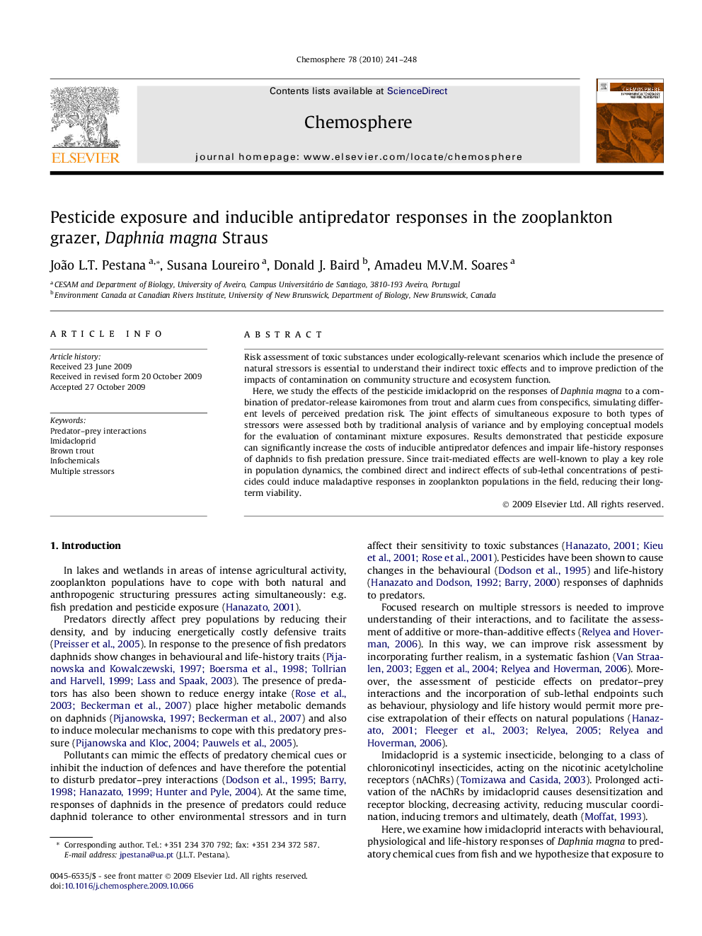 Pesticide exposure and inducible antipredator responses in the zooplankton grazer, Daphnia magna Straus