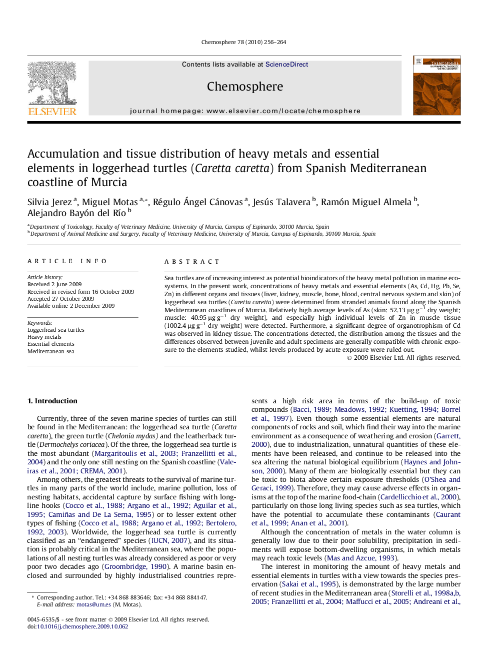 Accumulation and tissue distribution of heavy metals and essential elements in loggerhead turtles (Caretta caretta) from Spanish Mediterranean coastline of Murcia