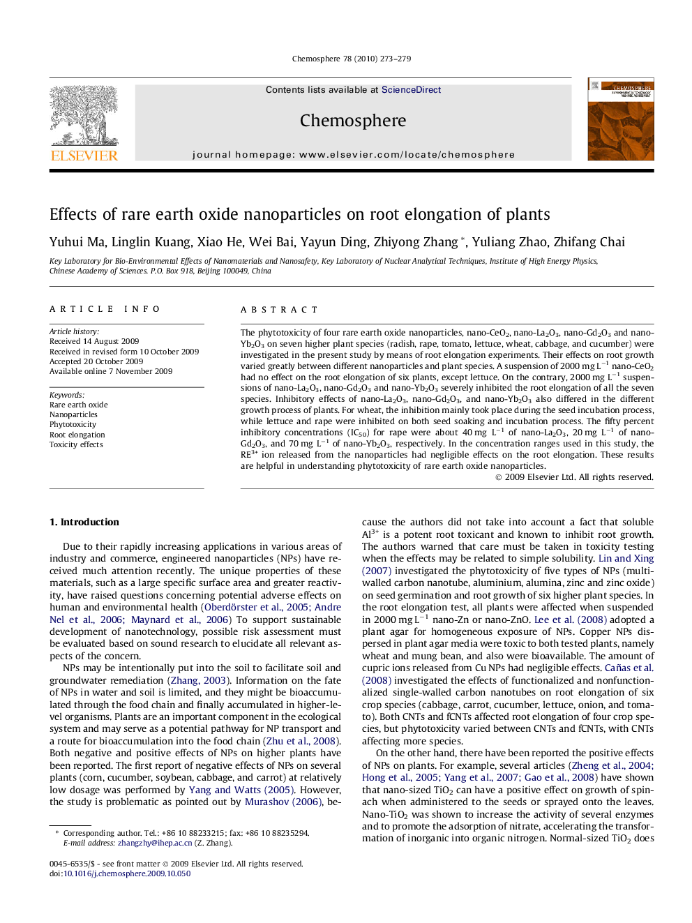 Effects of rare earth oxide nanoparticles on root elongation of plants