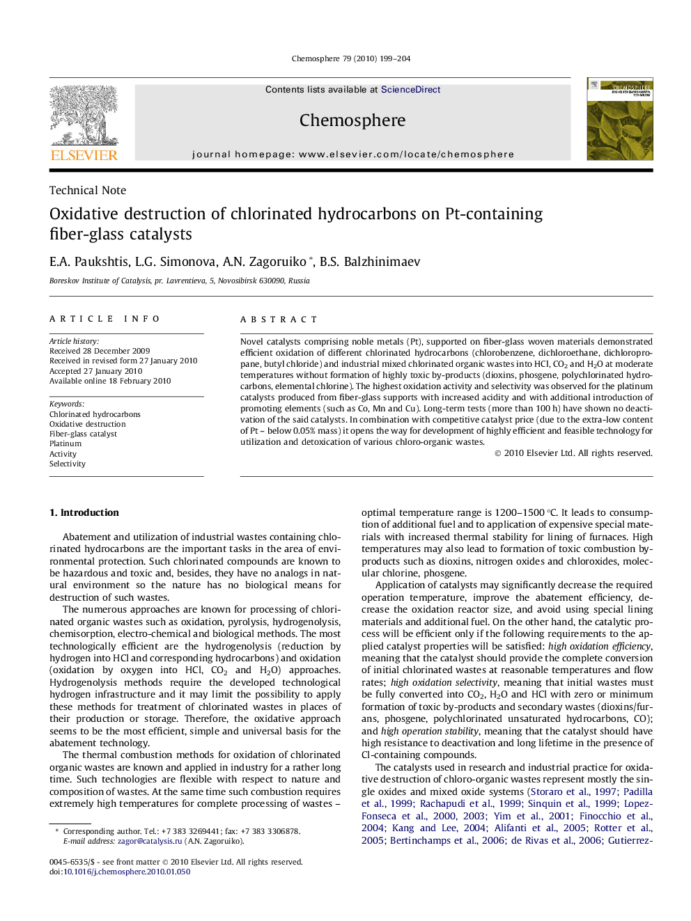 Oxidative destruction of chlorinated hydrocarbons on Pt-containing fiber-glass catalysts