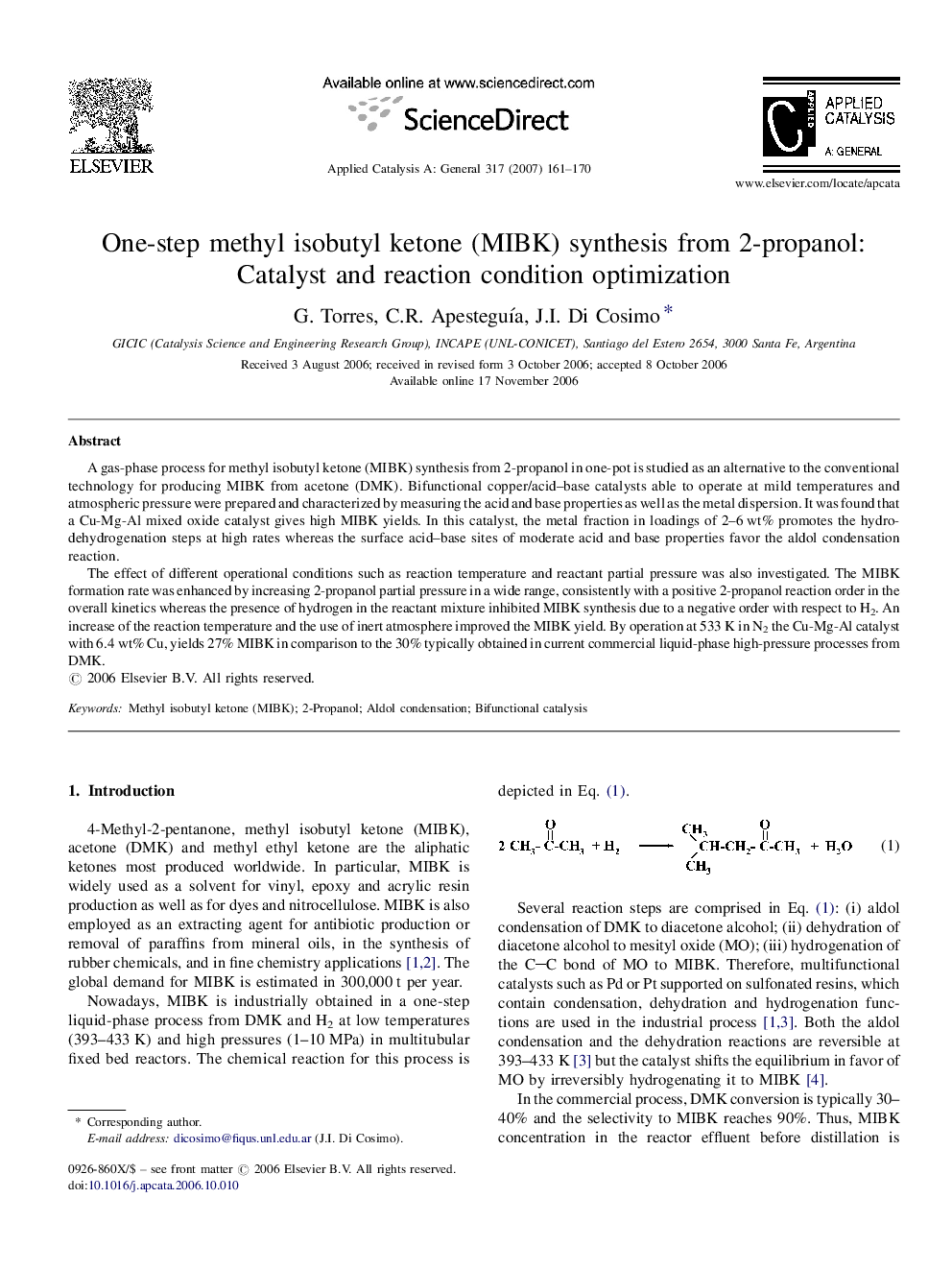 One-step methyl isobutyl ketone (MIBK) synthesis from 2-propanol: Catalyst and reaction condition optimization