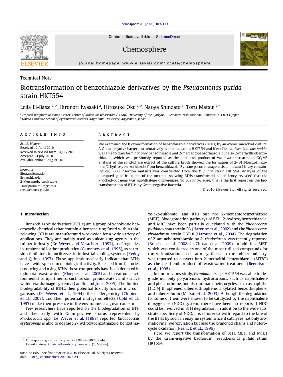 Biotransformation of benzothiazole derivatives by the Pseudomonas putida strain HKT554