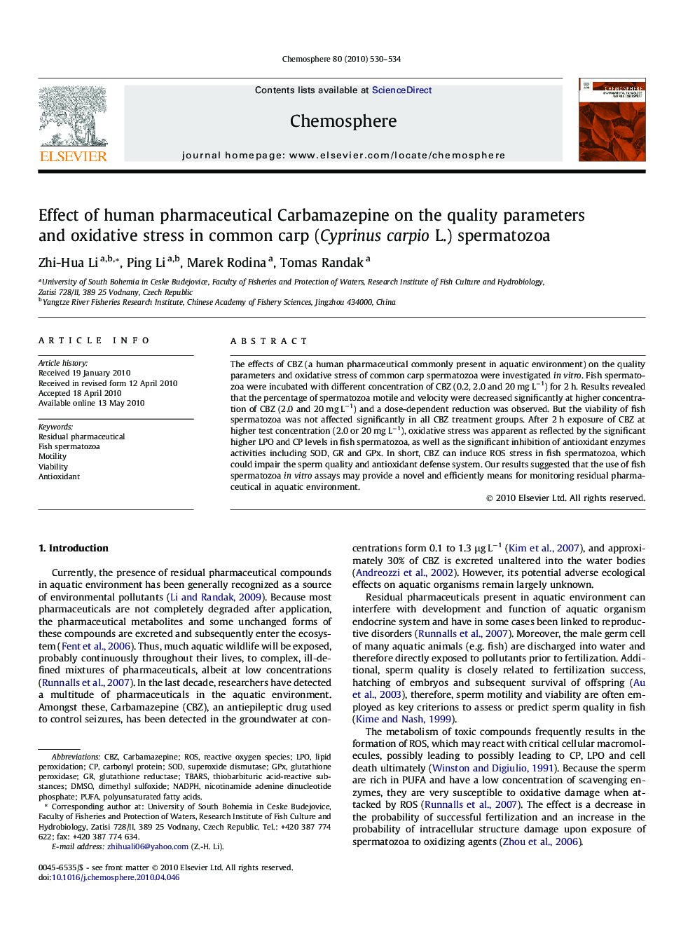 Effect of human pharmaceutical Carbamazepine on the quality parameters and oxidative stress in common carp (Cyprinus carpio L.) spermatozoa