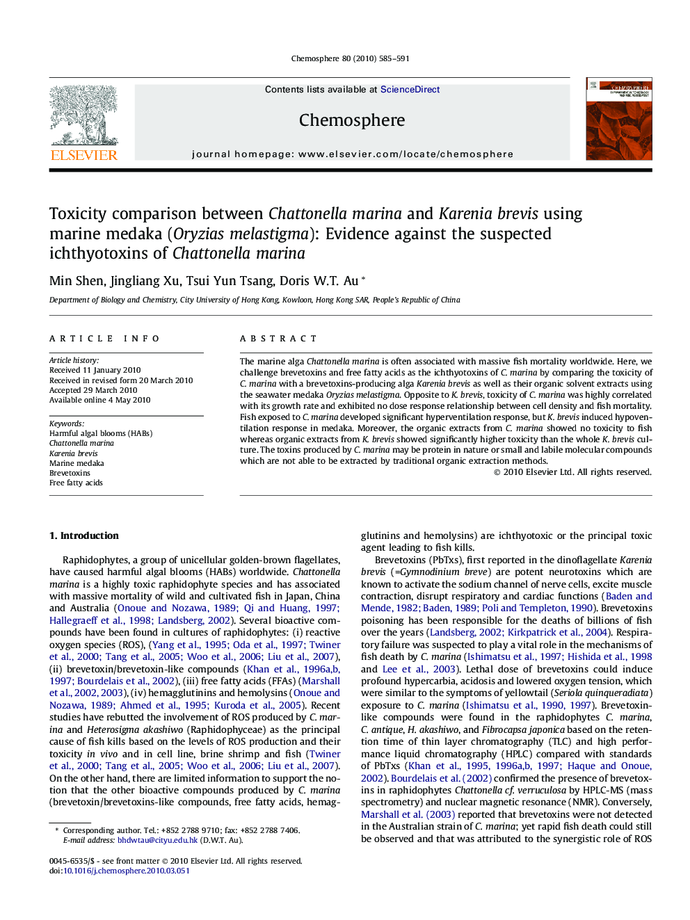 Toxicity comparison between Chattonella marina and Karenia brevis using marine medaka (Oryzias melastigma): Evidence against the suspected ichthyotoxins of Chattonella marina